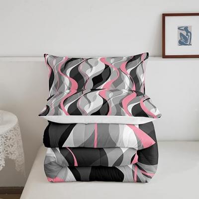 Geometric Pink Grey Black Striped Quilt Set