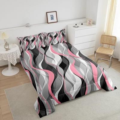 Geometric Pink Grey Black Striped Quilt Set